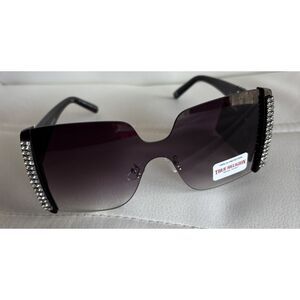 True Religion Square Shield Sunglasses Black Rhinestone Trim 100% UV Protection